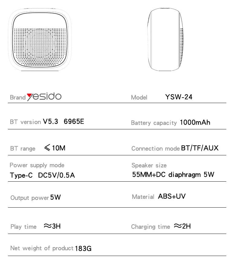 YESIDO YSW24 Portable Mini Bluetooth 5.3 Speaker with CD Diaphragm & 1000mAh Battery