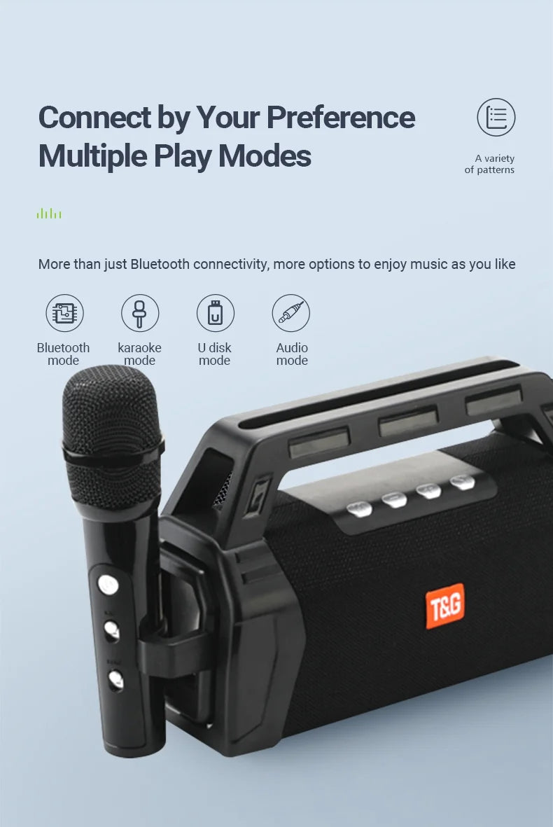 T&G TG538 Portable Bluetooth Speaker with Karaoke Microphone and Stereo Subwoofer
