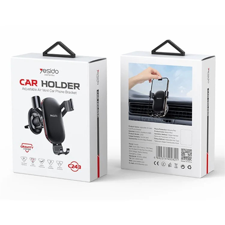 YESIDO C243 Car Phone Holder – Air Vent Gravity Mount with ABS + Aluminum Alloy