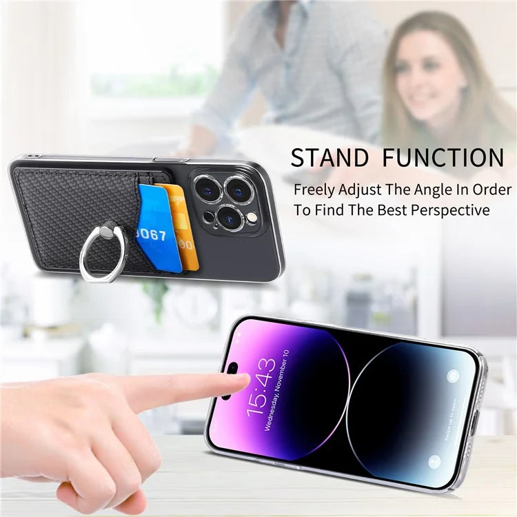 TASX Adhesive Card Holder – Carbon Fiber Texture Leather Bag with Ring Kickstand