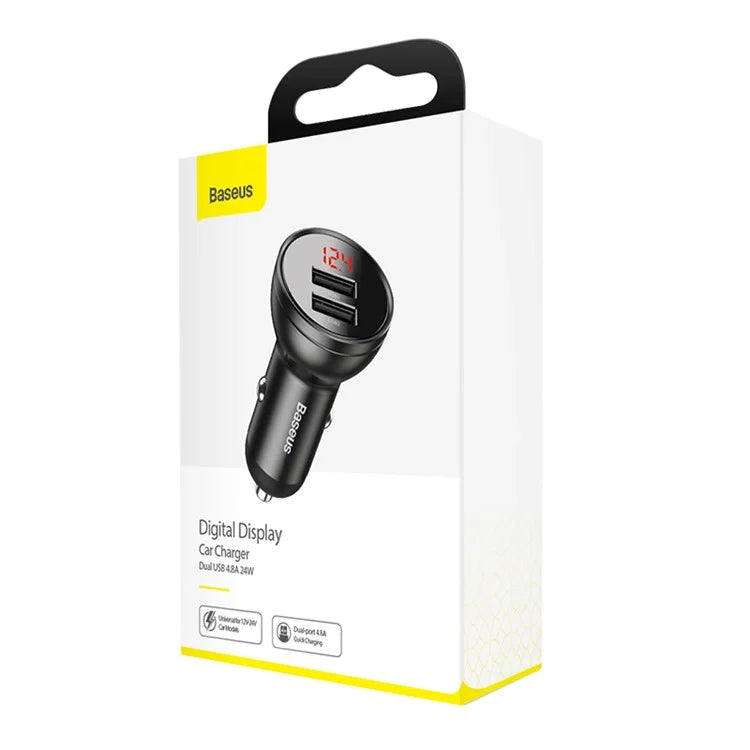 BASEUS 24W Dual USB Car Charger – 4.8A Quick Charge Adapter with Digital Display