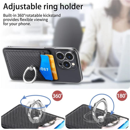 TASX Adhesive Card Holder – Carbon Fiber Texture Leather Bag with Ring Kickstand