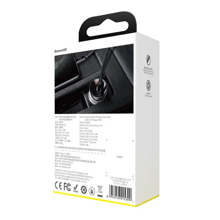 BASEUS 24W Dual USB Car Charger – 4.8A Quick Charge Adapter with Digital Display