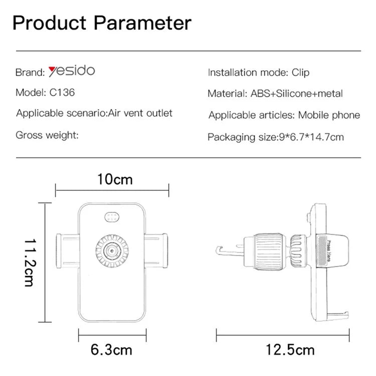 YESIDO C136 Universal Car Phone Holder – Air Vent Mount
