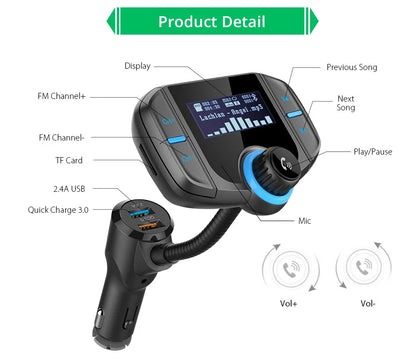 TASX BT70 1.65 LCD Display Dual USB QC3.0 Car Charger FM Transmitter Bluetooth Hands-Free MP3 Player