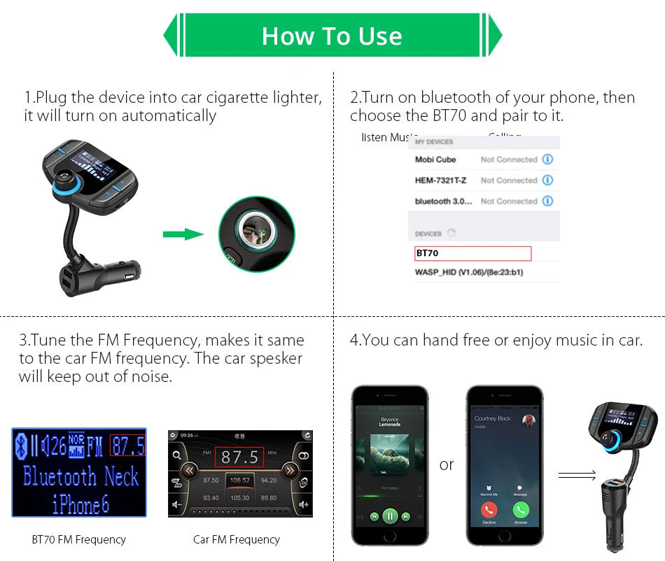 TASX BT70 1.65 LCD Display Dual USB QC3.0 Car Charger FM Transmitter Bluetooth Hands-Free MP3 Player