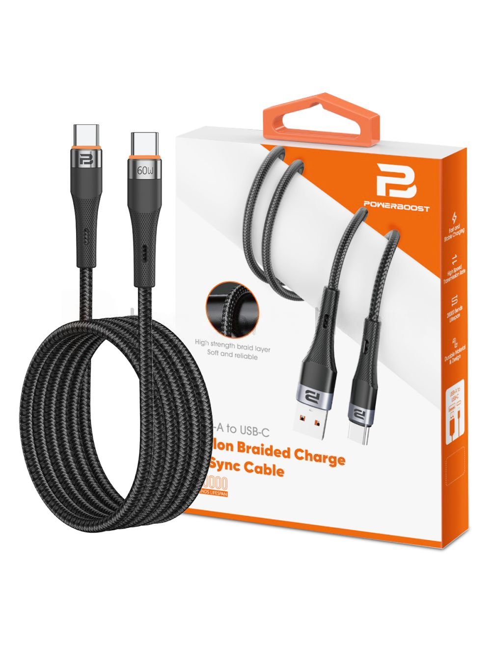 USB-C to USB-C & Sync Cable 2M (Nylon Braided)(60W)