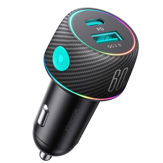 JOYROOM CCN01 60W USB-A + Type-C Car Charger QC3.0 + PD with Colorful Button