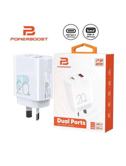 Power Boost Fast Charging USB-C & USB-A Power Adapter 20W