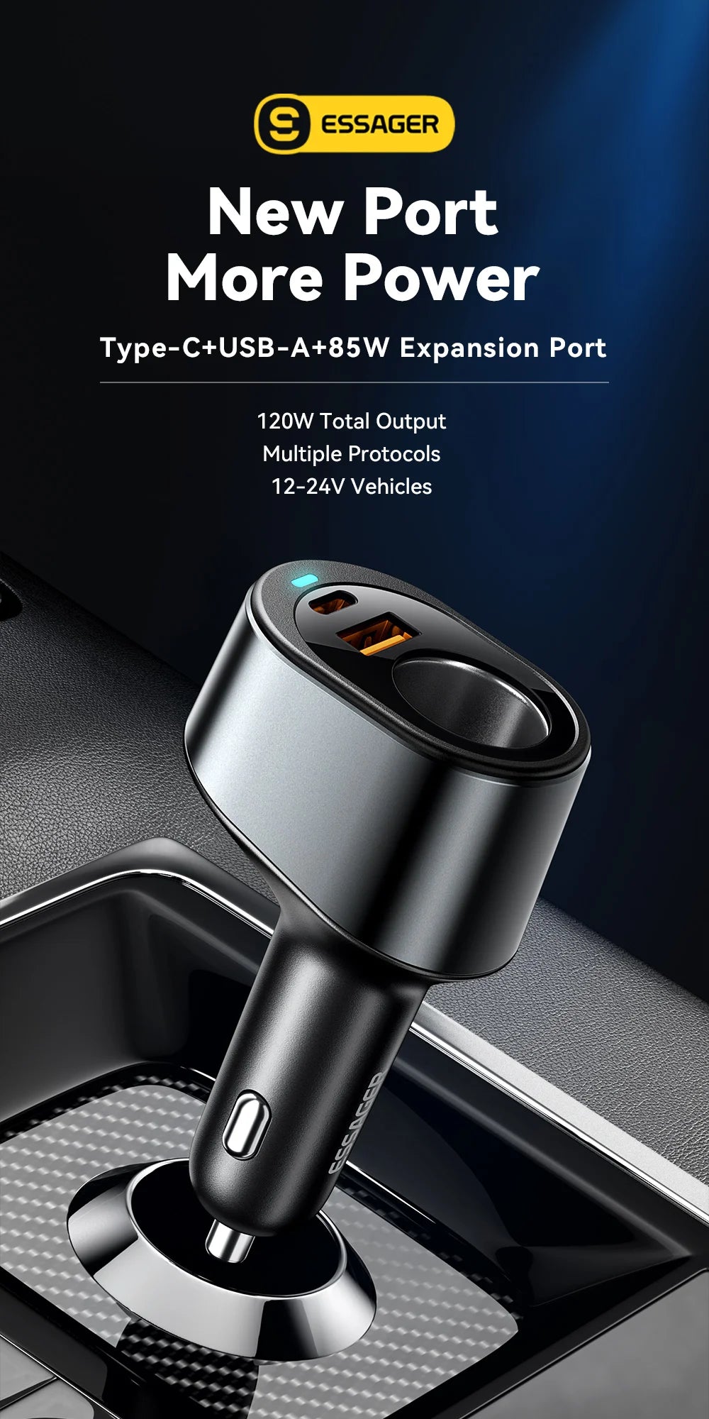 ESSAGER 120W USB + Type-C Car Charger Adapter with Cigarette Lighter Socket