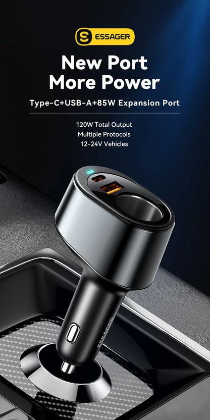 ESSAGER 120W USB + Type-C Car Charger Adapter with Cigarette Lighter Socket