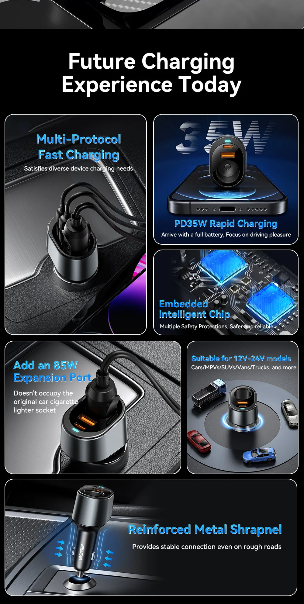 ESSAGER 120W USB + Type-C Car Charger Adapter with Cigarette Lighter Socket
