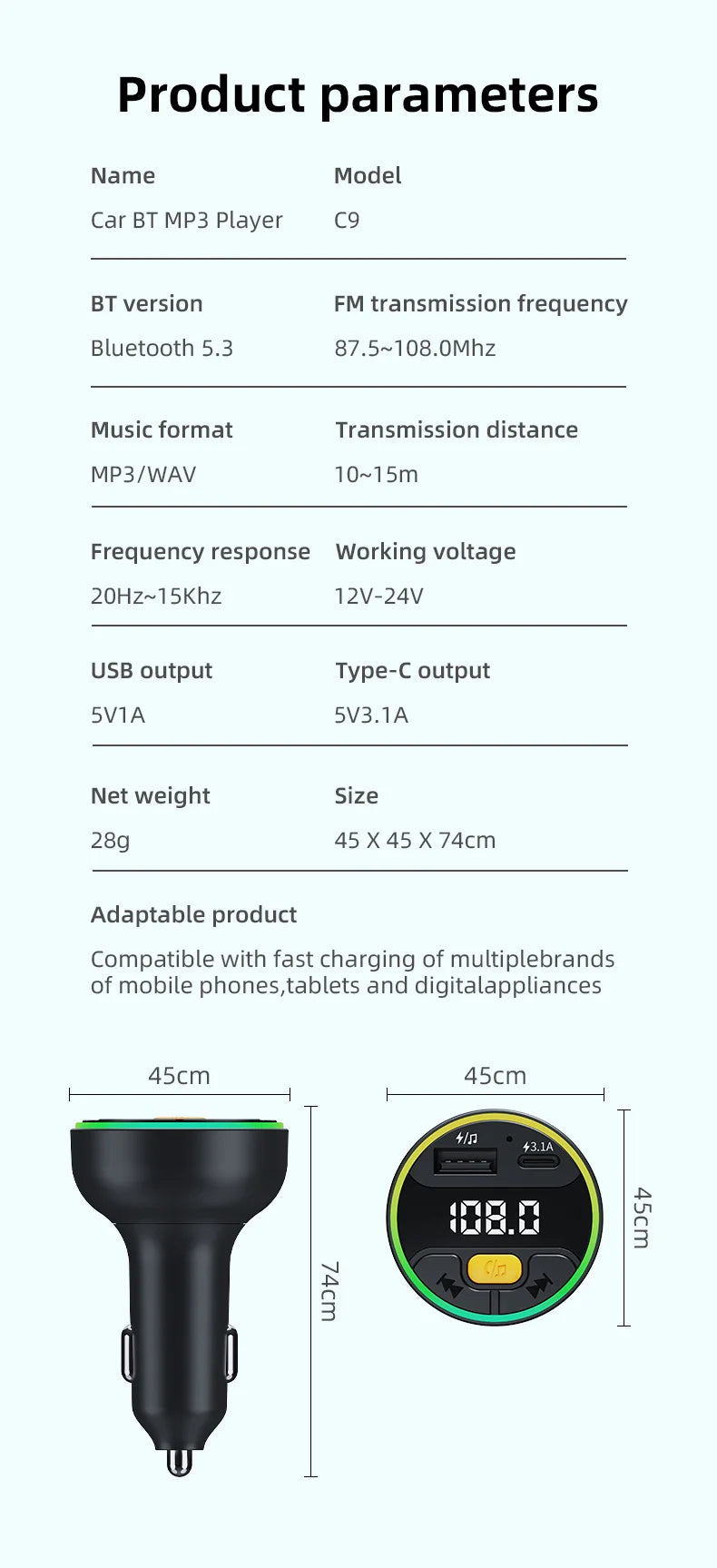 TASX C9 Multifunctional Bluetooth Car MP3 Player with USB Type-C Charger and Digital Display FM Transmitter