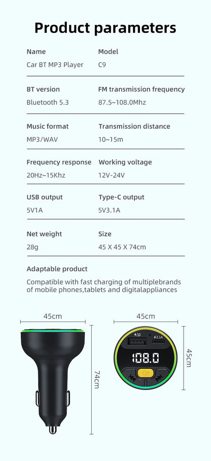 TASX C9 Multifunctional Bluetooth Car MP3 Player with USB Type-C Charger and Digital Display FM Transmitter