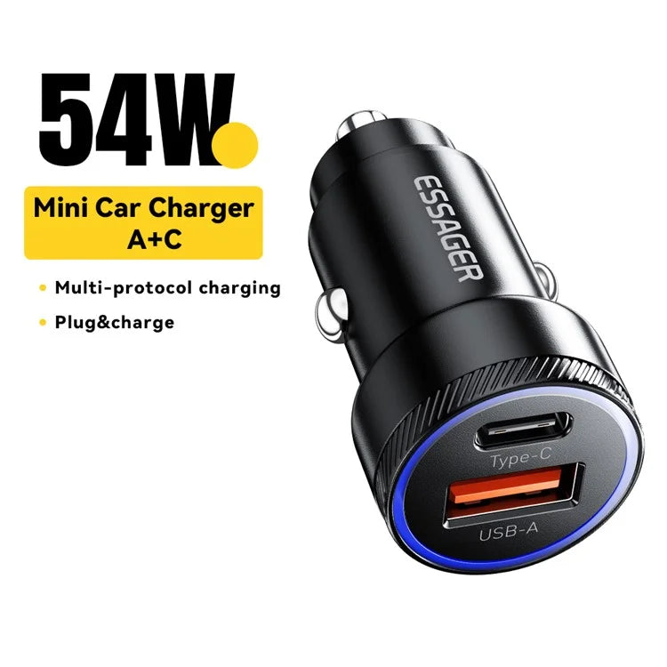 ESSAGER 54W USB + Type-C Fast Car Charger (ABS + Aluminum Alloy)