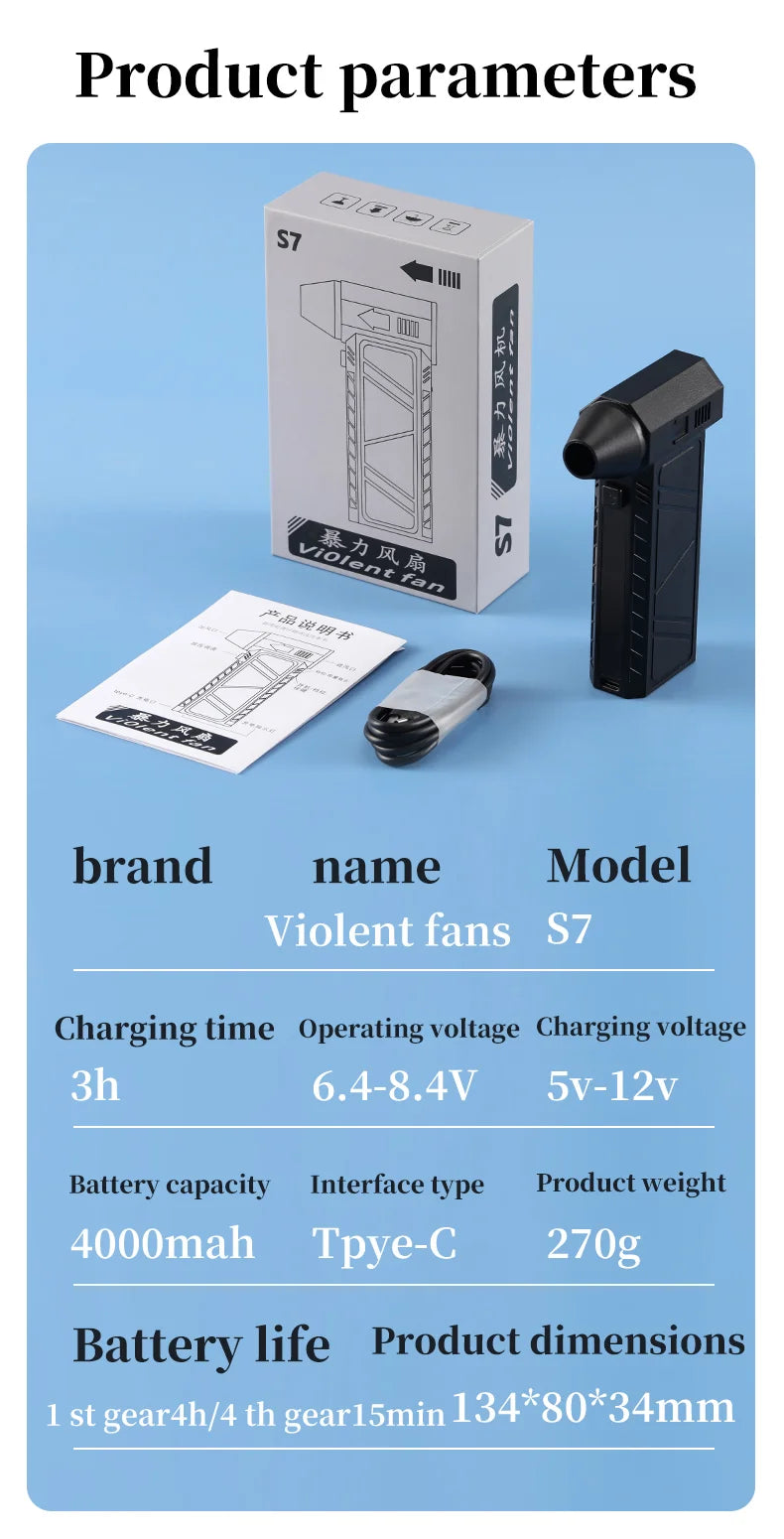 TASX S7 Handheld Mini Turbo Fan with Brushless Motor and High-Power Blower