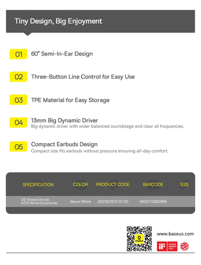 BASEUS Encok HZ19 3.5mm Semi In-Ear Wired Earphones