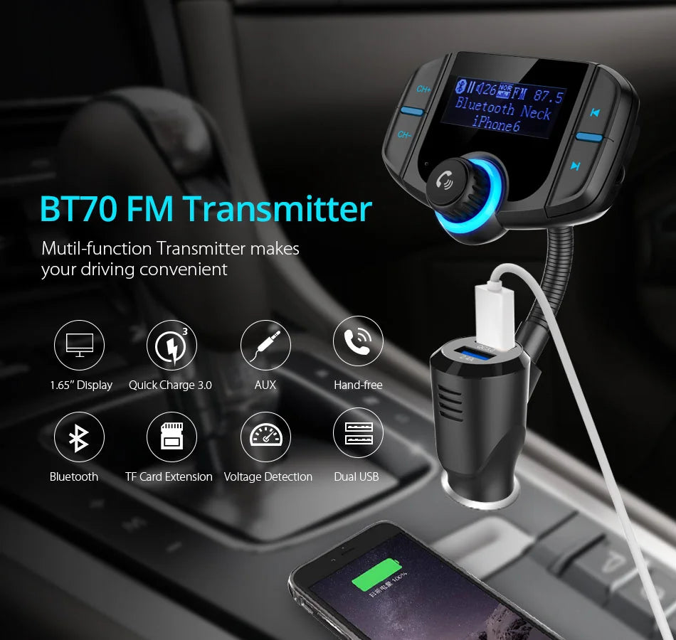 TASX BT70 1.65 LCD Display Dual USB QC3.0 Car Charger FM Transmitter Bluetooth Hands-Free MP3 Player