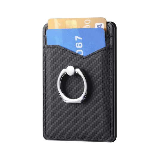 TASX Adhesive Card Holder – Carbon Fiber Texture Leather Bag with Ring Kickstand