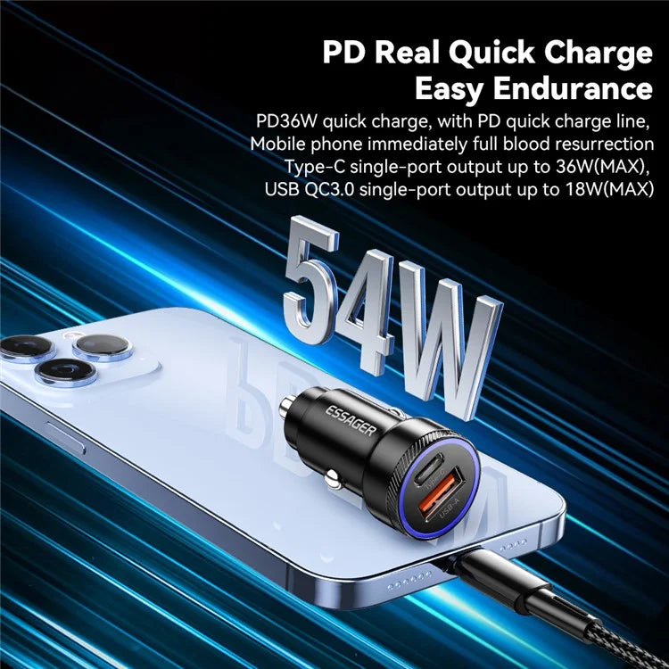 ESSAGER 54W USB + Type-C Fast Car Charger (ABS + Aluminum Alloy)