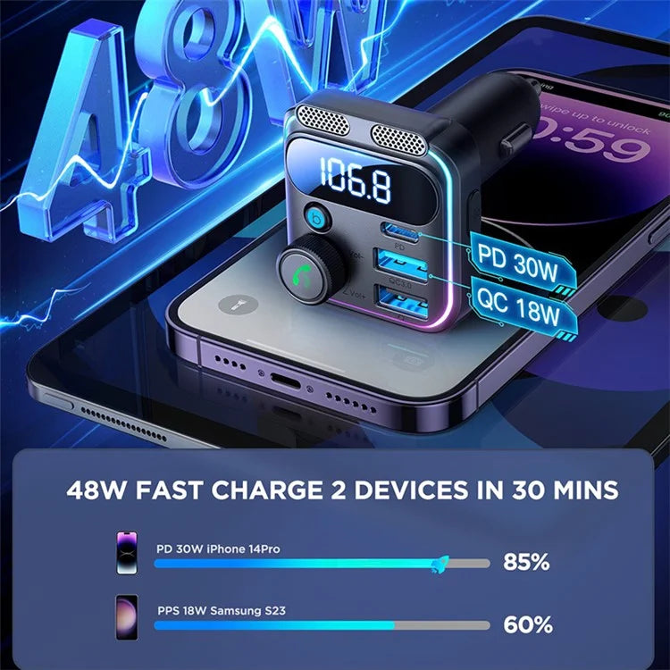 JOYROOM JR-CCB01 Bluetooth FM Transmitter 48W Car Charger with Dual Microphones & Hands-Free Calling