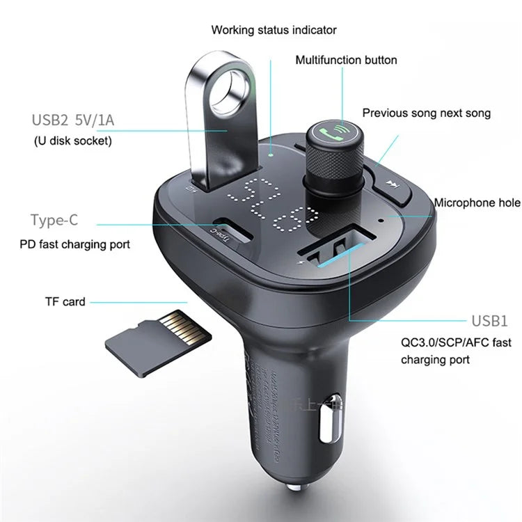 LOHEE S-21 Bluetooth Car Charger Adapter FM Transmitter with QC3.0 USB Fast Charging, TF CardU-disk, and BT Music Player