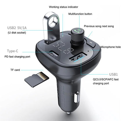 LOHEE S-21 Bluetooth Car Charger Adapter FM Transmitter with QC3.0 USB Fast Charging, TF CardU-disk, and BT Music Player