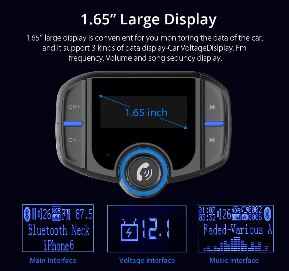 TASX BT70 1.65 LCD Display Dual USB QC3.0 Car Charger FM Transmitter Bluetooth Hands-Free MP3 Player