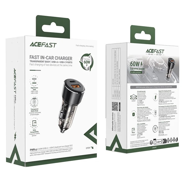 ACEFAST B12 60W USB-A + Type-C Car Charger Cigarette Lighter Fast Charging Adapter