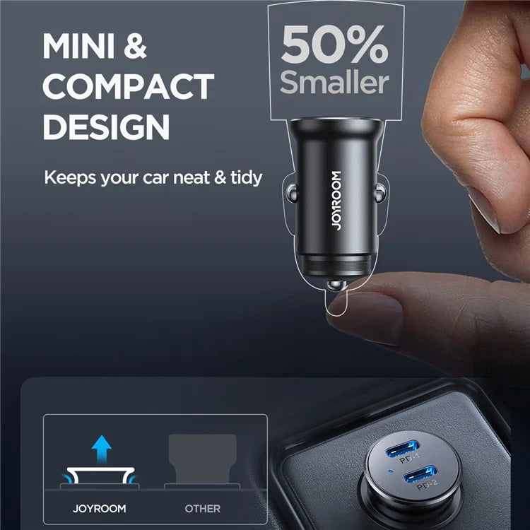 JOYROOM CCN06 Mini 30W Dual Type-C Aluminum Alloy Car Charger PD Fast Charging Adapter