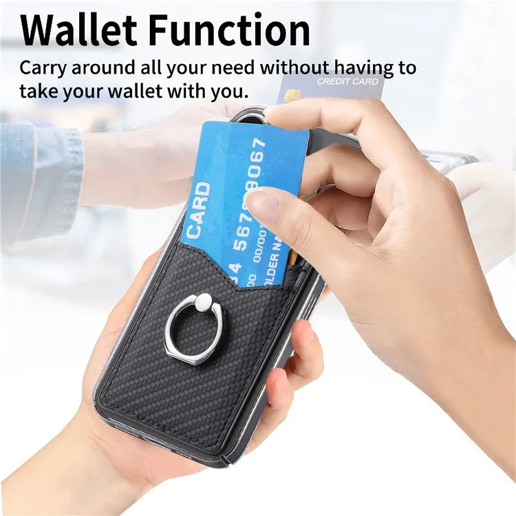 TASX Adhesive Card Holder – Carbon Fiber Texture Leather Bag with Ring Kickstand