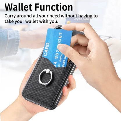 TASX Adhesive Card Holder – Carbon Fiber Texture Leather Bag with Ring Kickstand