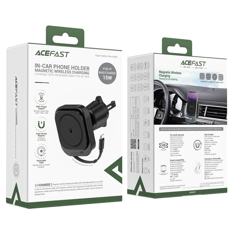 ACEFAST D32 MagSafe Car Air Vent Phone Wireless Charger with Retractable Cable