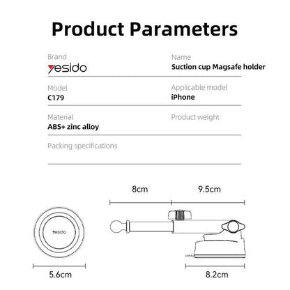 YESIDO C179 Suction Cup Car Mount – Strong MagSafe Zinc Alloy Phone Holder Bracket