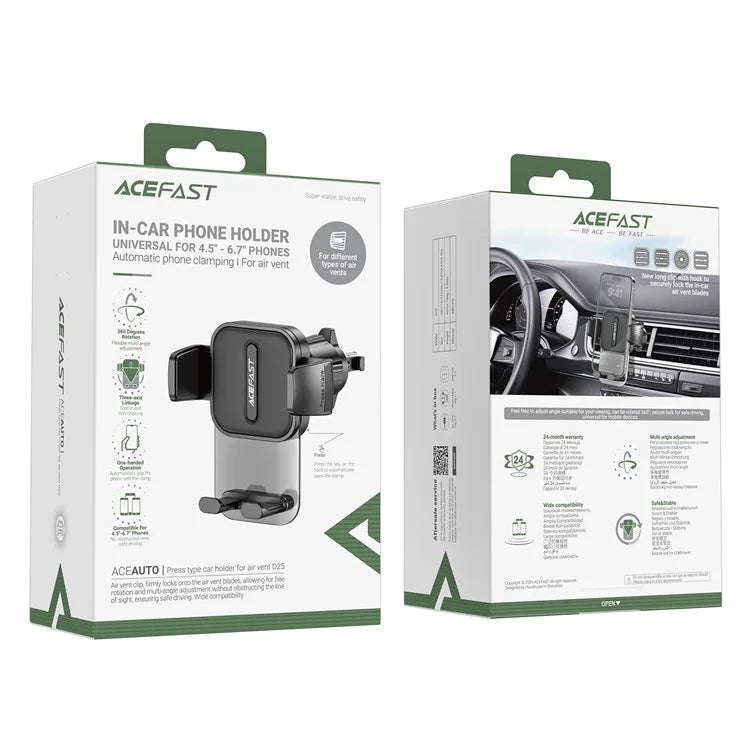 ACEFAST D25 Car Phone Holder – Air Vent Mount, 360° Rotation, Press-Type Stand