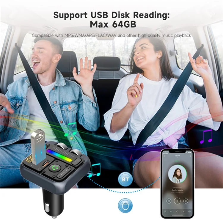 TASX MT04 Car Bluetooth Adapter FM Transmitter HiFi MP3 Player with Type-C + USB Car Charger
