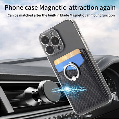 TASX Adhesive Card Holder – Carbon Fiber Texture Leather Bag with Ring Kickstand